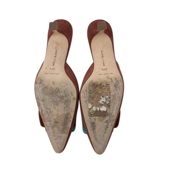 Manolo Blahnik Maysalebi 70MM Buckled Cinnamon Brown Suede Mules Size 37.5 - Picture 8 of 9